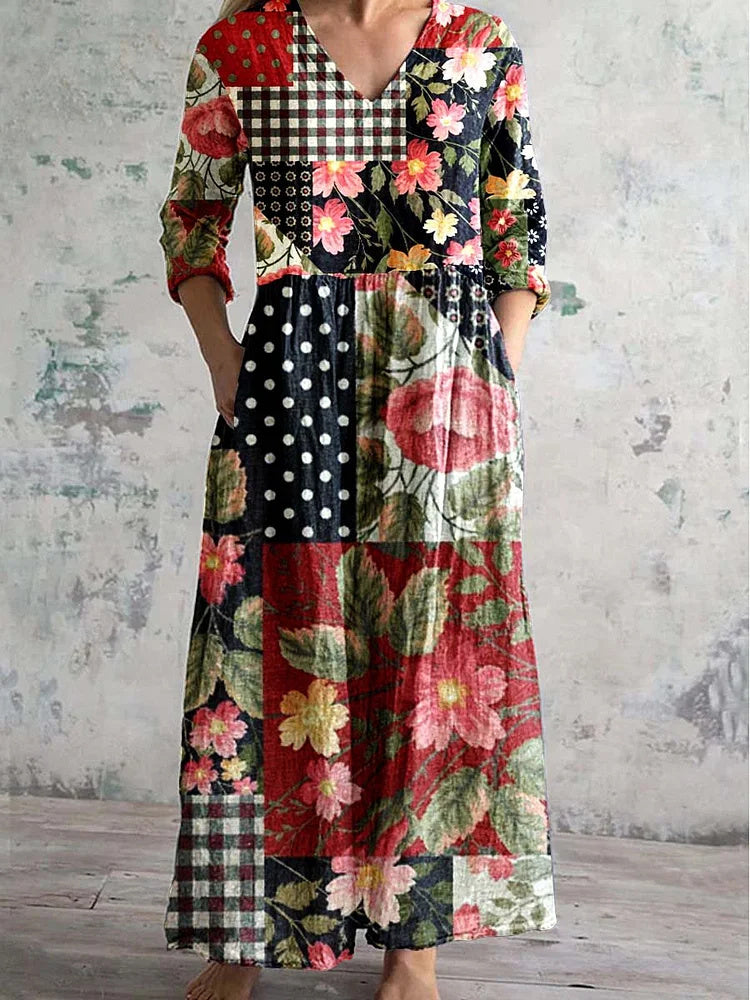 Women's 3/4 Sleeve V-neck Floral Printed Midi Dress