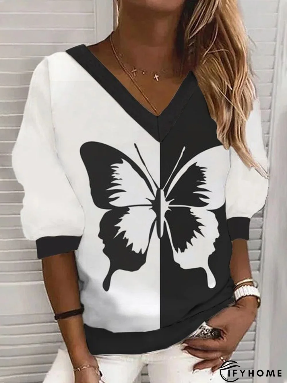 Casual Butterfly V Neck Three Quarter Sweatshirt | IFYHOME