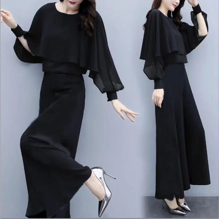 Ueong Ueong Spring Dress New Large Size Women's Loose Chiffon Trousers Two-Piece Set Of Casual Fashion Wide-Leg Pants Suit Female