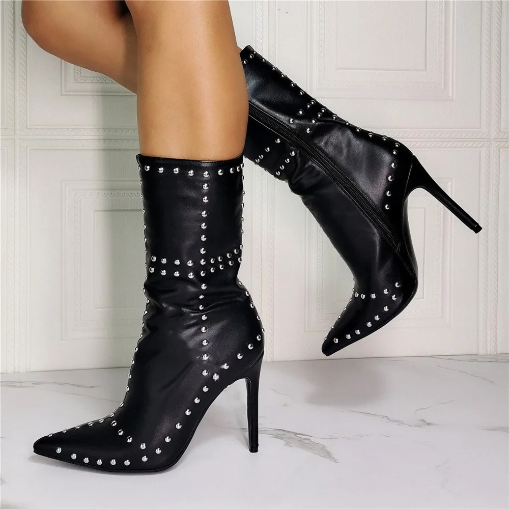 Black Pointed Toe Ankle Boots Rivet decorated for women 