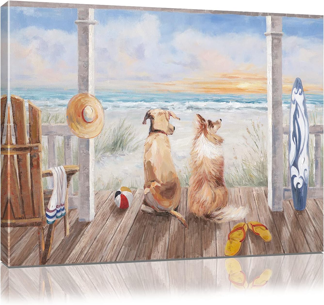 Beach Wall Art Dog Pictures for Living Room Ocean Prints Canvas Decorations Coastal Paintings Decor Animal Rustic Landscape Abstract Artwork Bedroom Modern Dcor Framed 16X24in Beach E-16X24in
