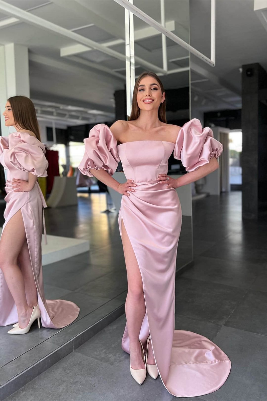Pink Long Split Strapless Mermaid Prom Dress With Detachable Sleeves | Ballbellas Ballbellas