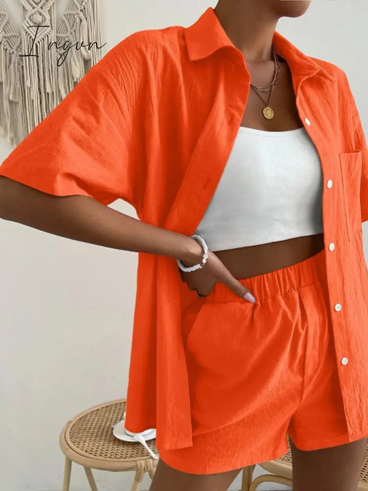 Ingvn - Long Sleeve Single-Breasted Top + Broad-Legged Shorts Set Fashion Ladies Sexy Solid Suits