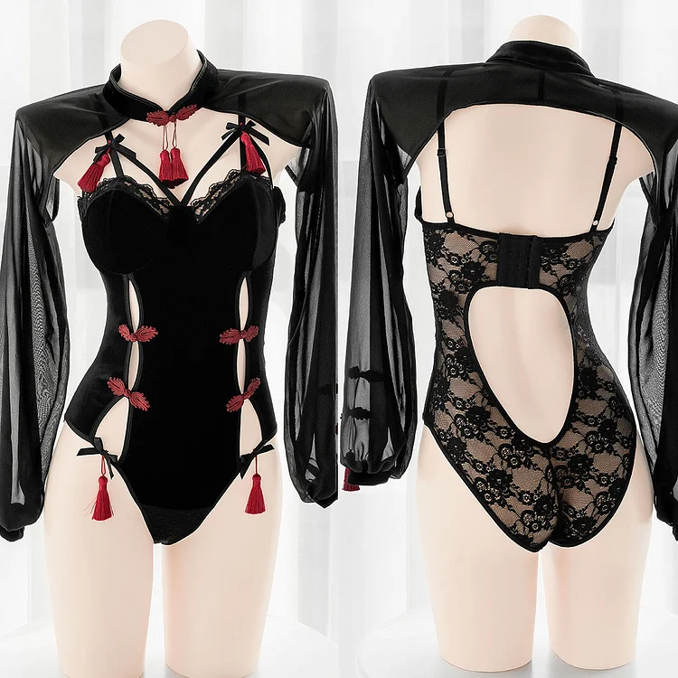 Black Red Cute Hollow Sides Bodysuit Two Pieces Set SP17277