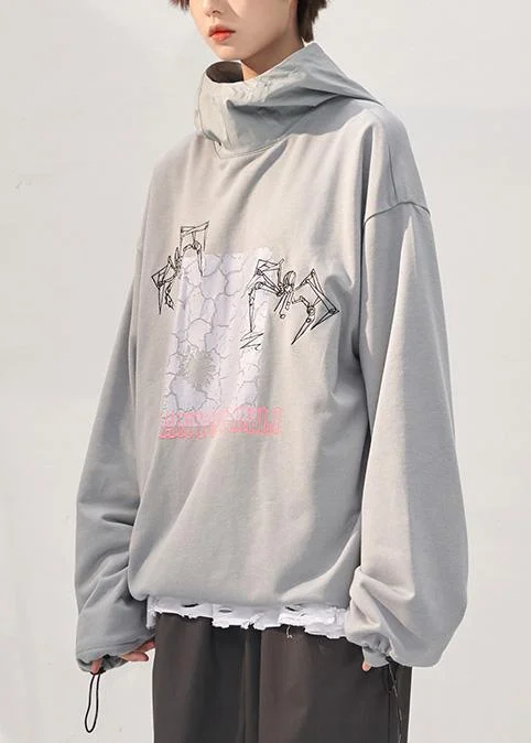 Chic gray prints cotton clothes For Women fall loose patchwork hooded Sweat shirt