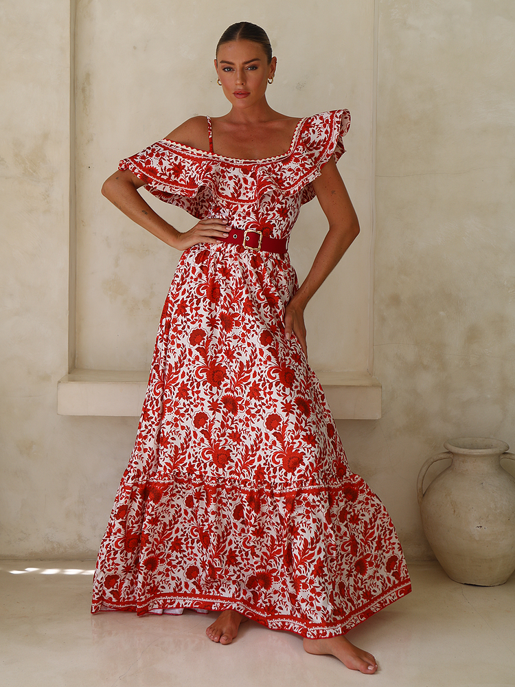 Bandeau Ruffled Red Flower Silhouette Print One Piece Bandeau Ruffled Red Flower Silhouette Print One Piece