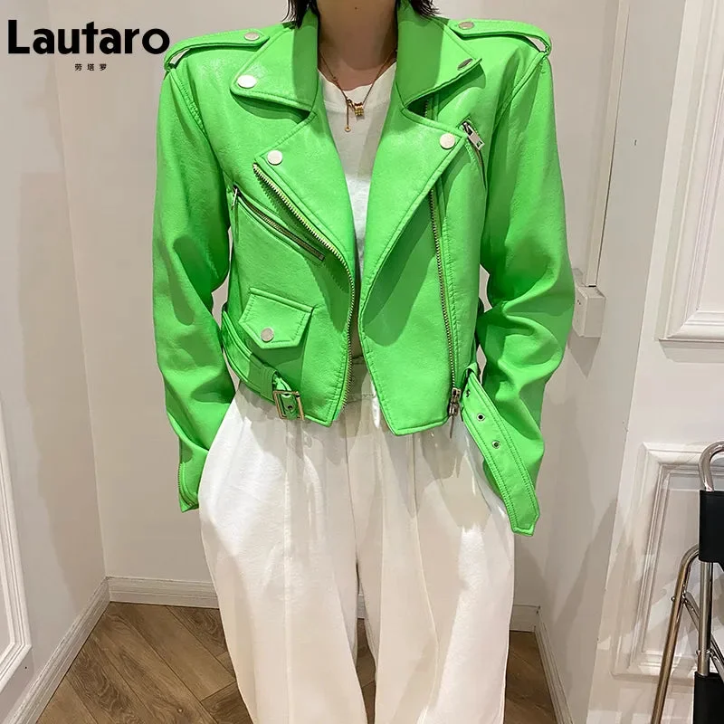 Huiketi Y2k Short Green Gecko Biker Leather Jacket Long Sleeve Zipper Belt Colored Stylish Outerwear for Women Fashion 2023