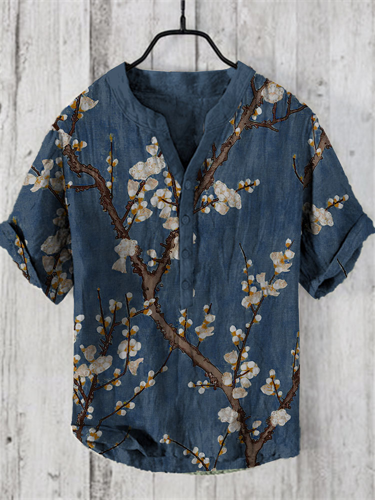 Japanese Ink Painting Of Flower Trees Art Linen Blend Cozy Shirt wearshes