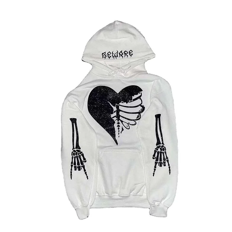 Skeleton Heart Print Streetwear Hip Hop Men's Hoodie at Hiphopee