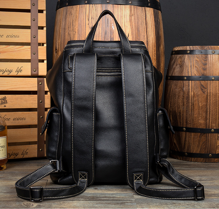 Color Black Back View of Woosir Large Vintage Leather Backpack