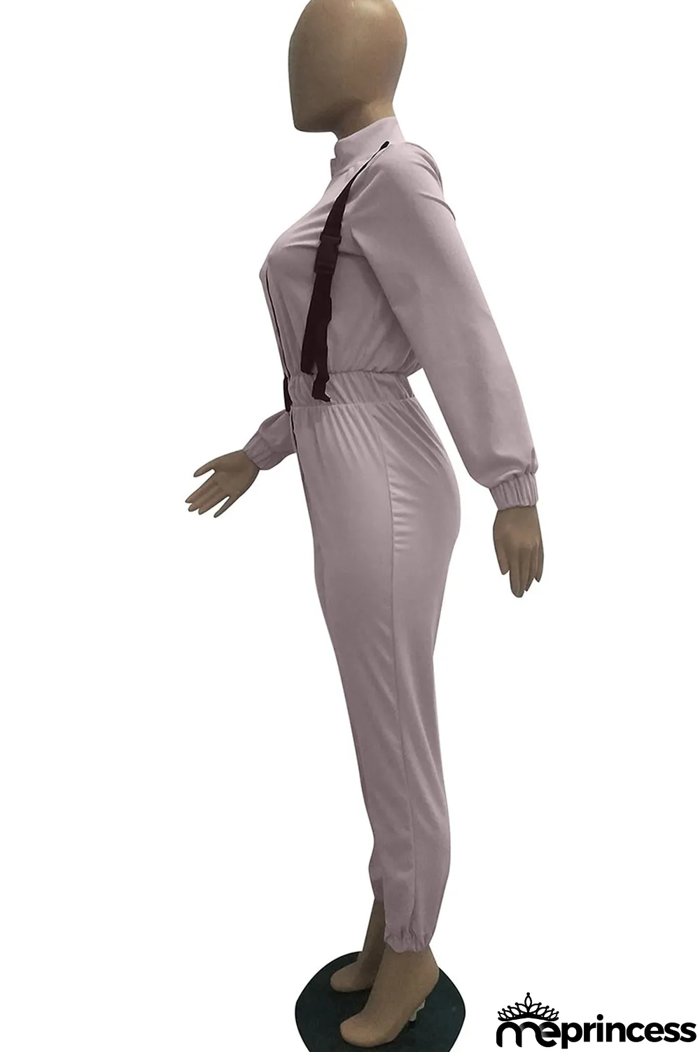 Apricot Fashion Polyester Solid Zipper Collar Jumpsuits