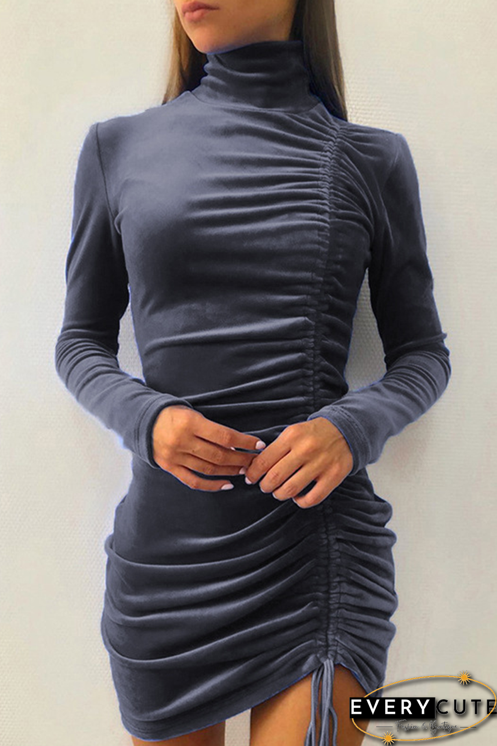 Fashion Elegant Solid Split Joint Fold Half A Turtleneck Pencil Skirt Dresses