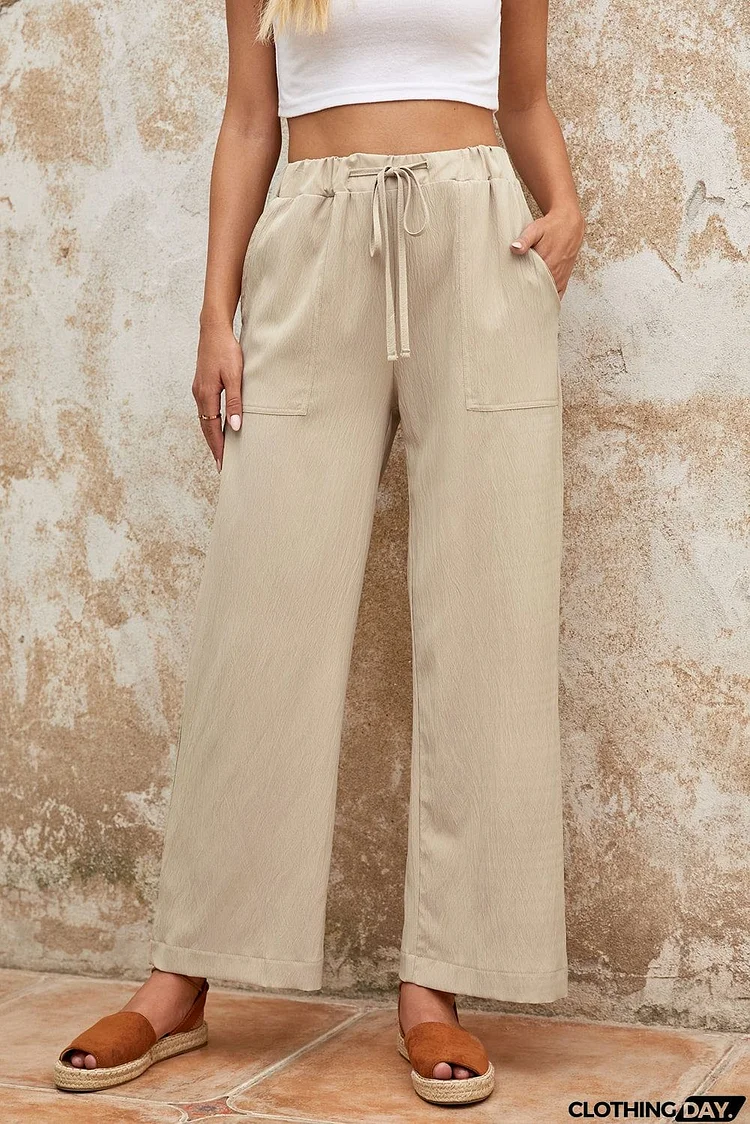 Drawstring Waist Crinkled Wide Leg Pants