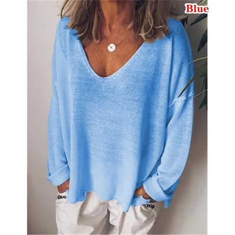 Brownm V-neck Pullover Cotton Solid Color Long Sleeve Women's T-shirt