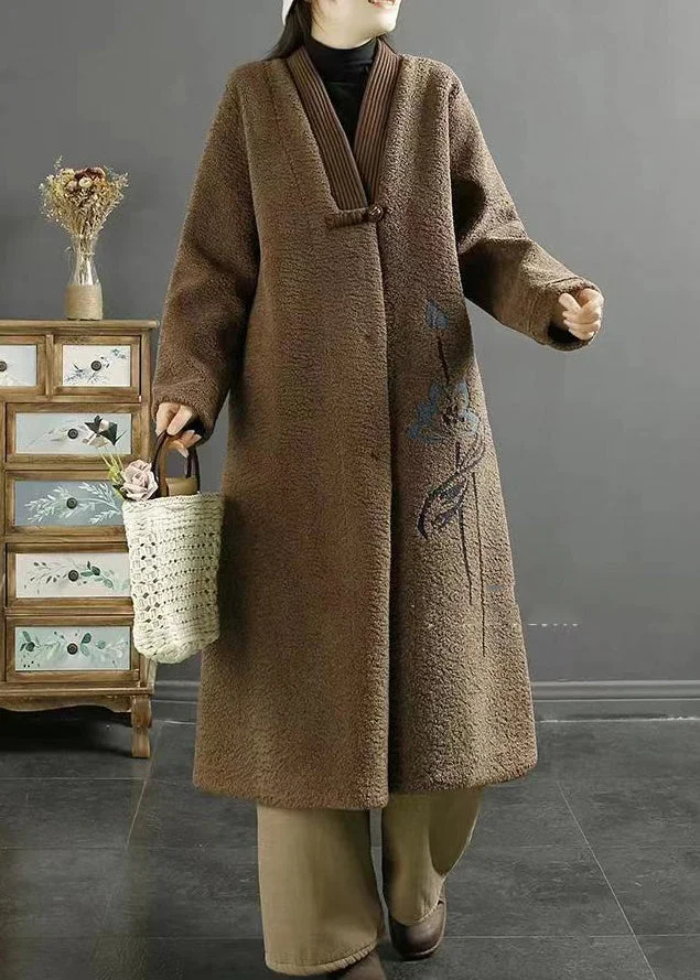 Plus Size Chocolate Embroideried Chinese Button Faux Fur Coats Winter
