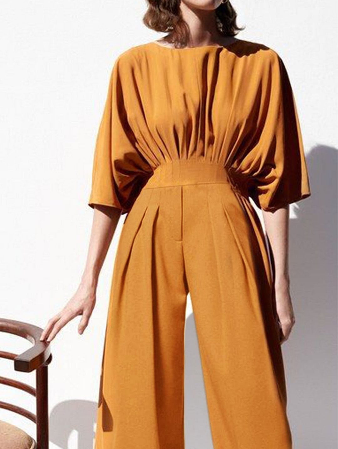 Solid Dolman Sleeve Pleated Detail Jumpsuit