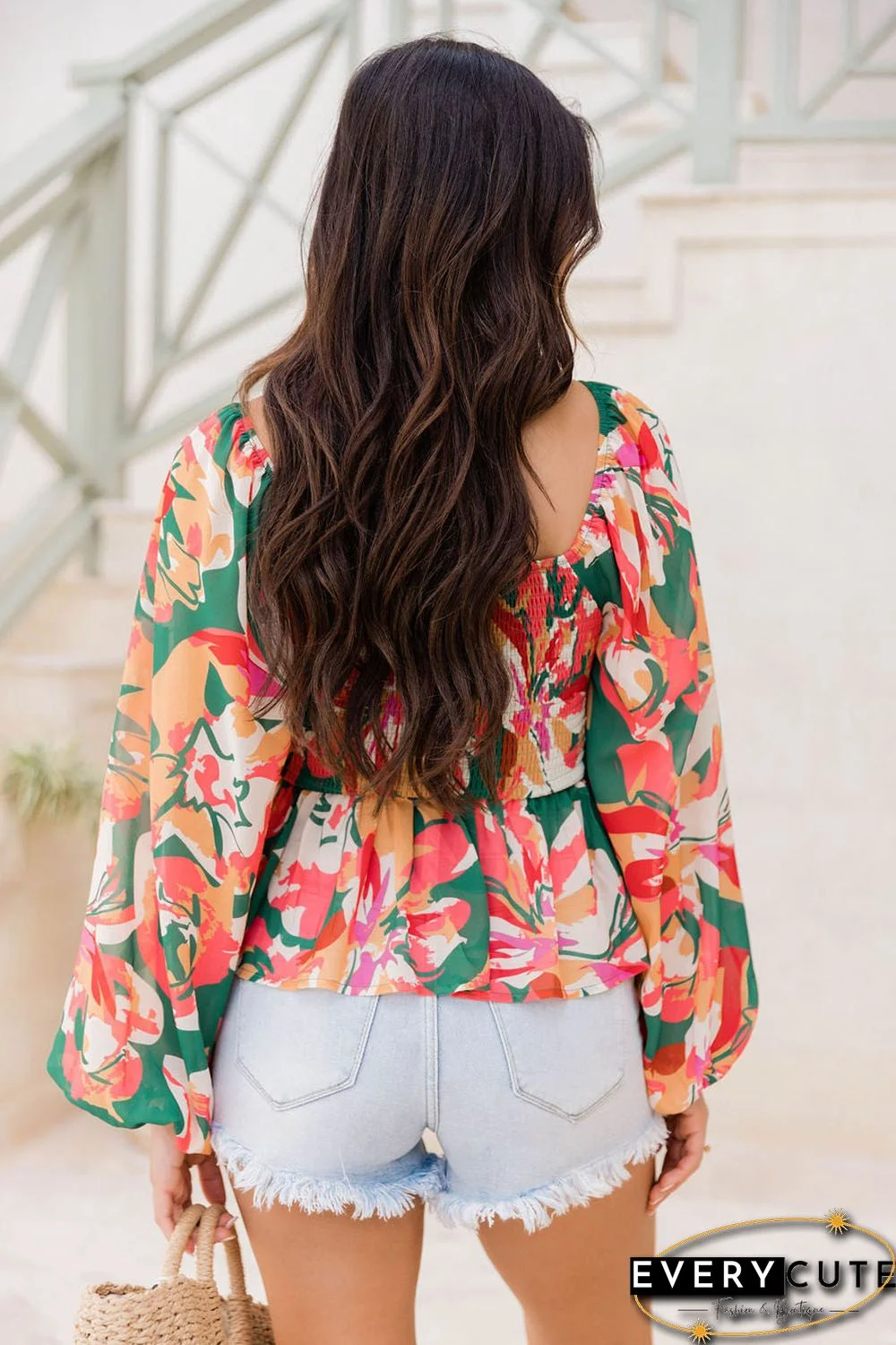Green Abstract Floral Print Long Sleeve Peplum Blouse