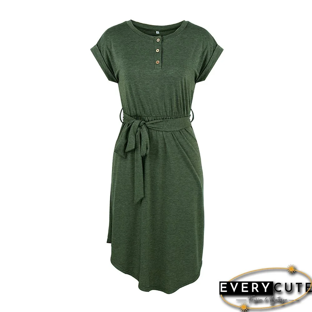 Green Button Up Tie Waist Short Sleeve Knit Dress