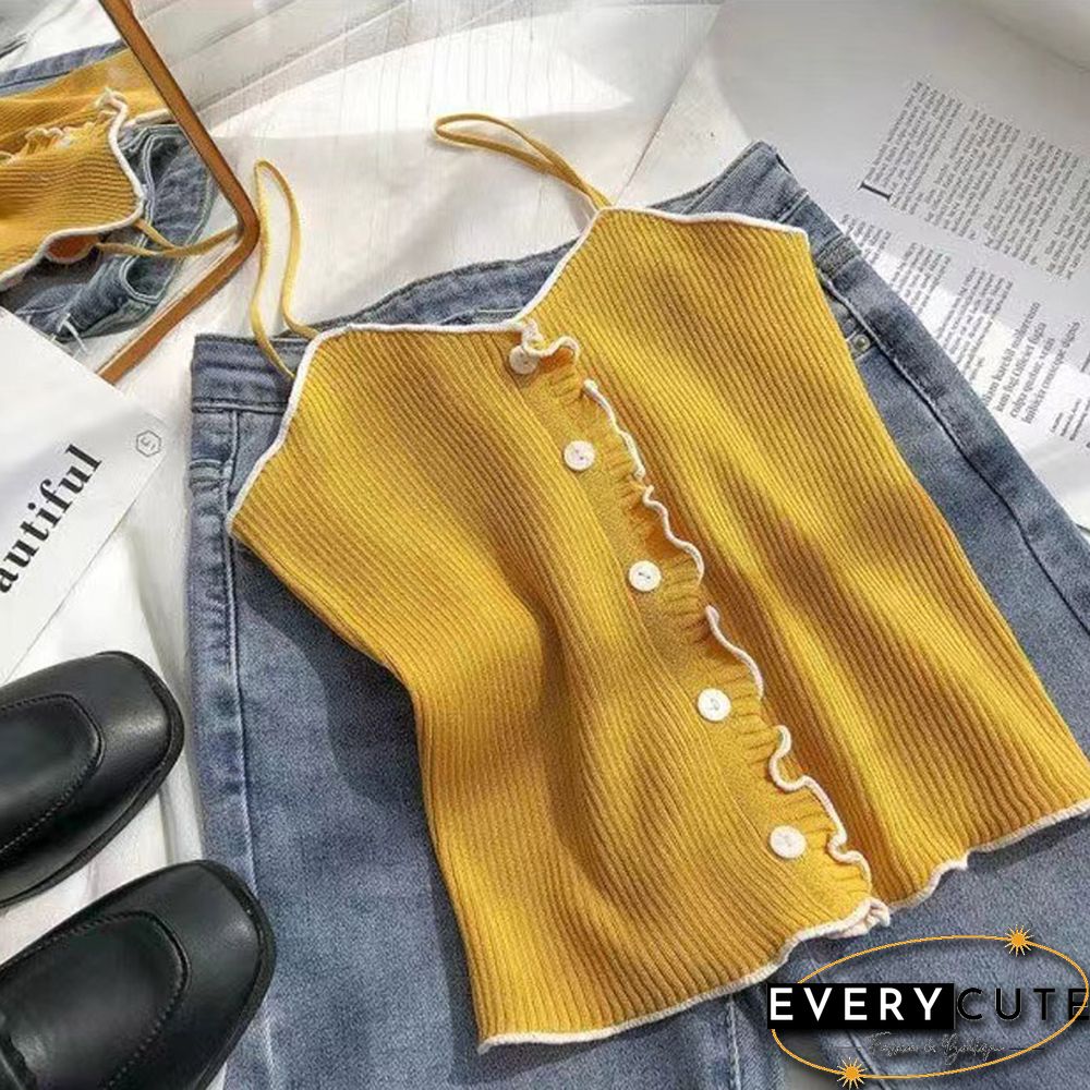 Pearl Diary Women Spaghetti Strap Knitted Tops Summer Ruffle Camis Top With Front Buttons Solid Color Basic Knitted Cute Tops
