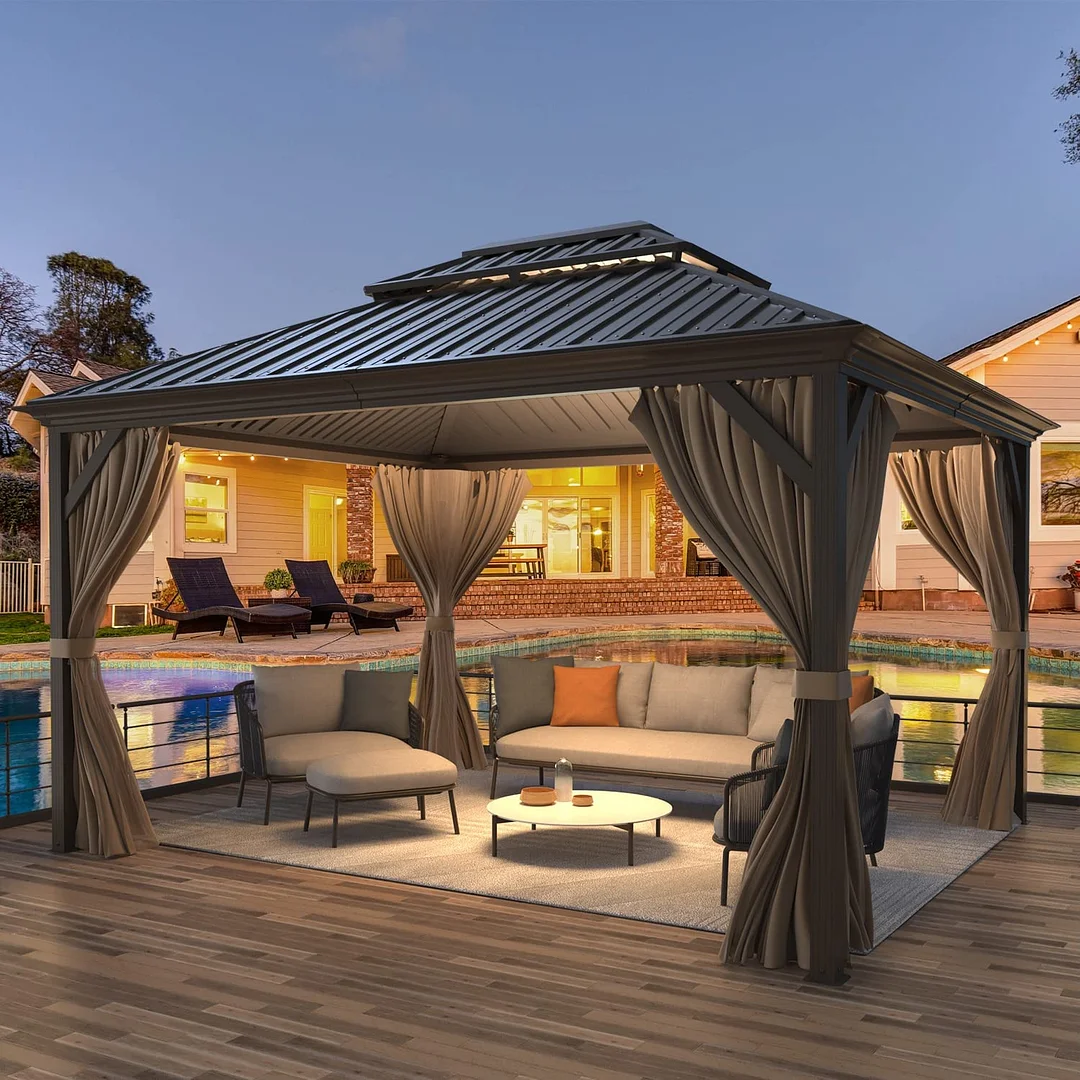 12' X 14' Hardtop Aluminum Patio Gazebo W/ Galvanized Steel Metal Double Roof, Curtains &Netting