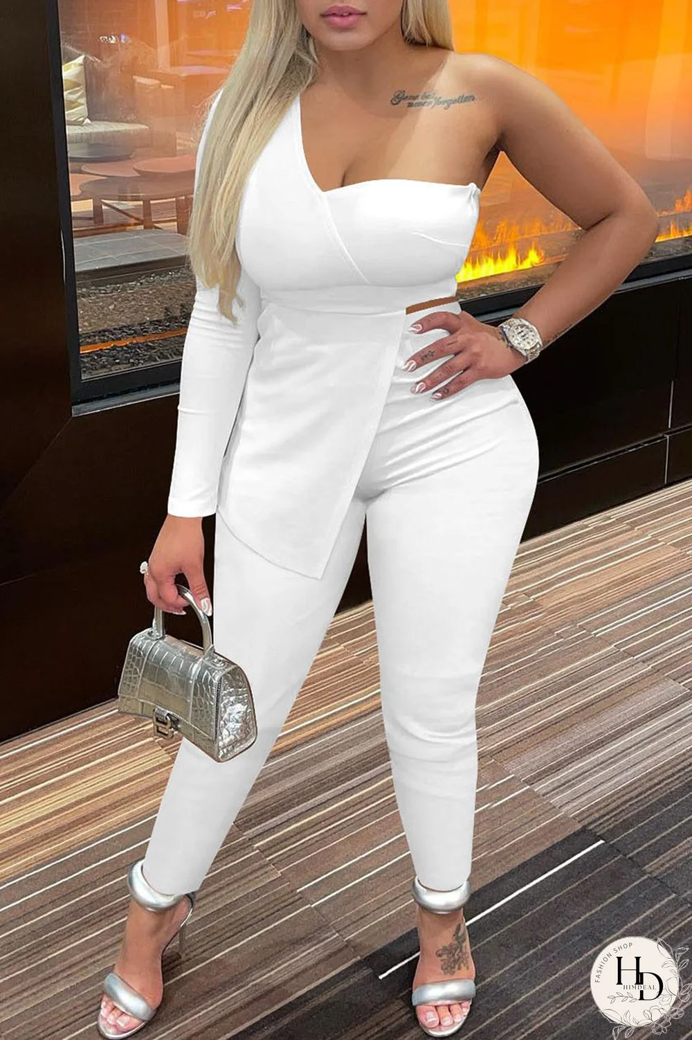 White Sexy Casual Solid Patchwork Backless Asymmetrical One Shoulder Long Sleeve Two Pieces