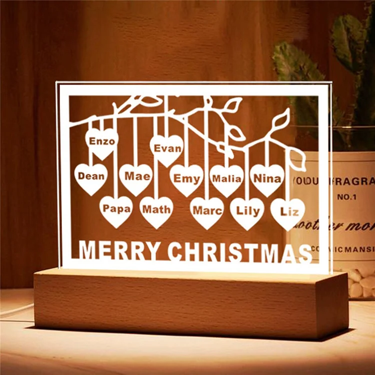 Personalized Family Tree Night Light LED Sign Engraved 12 Names Plaque USB Power Lamp
