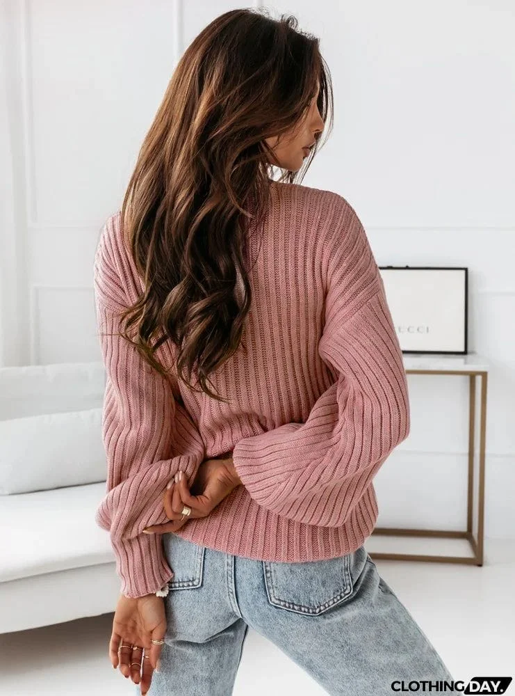 Solid Color Ribbed Loose Knit Sweater
