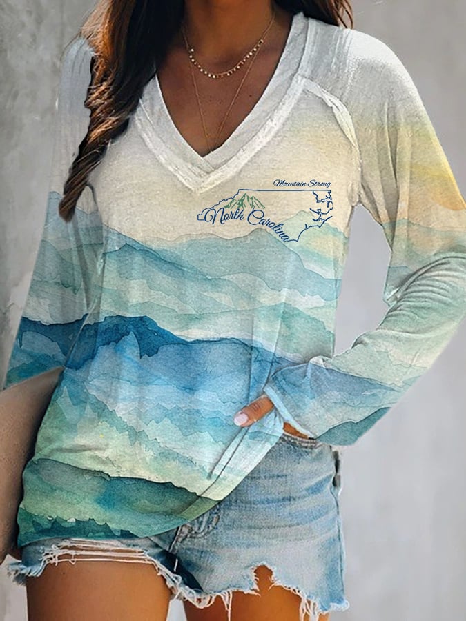 Women's North Carolina Together Mountain Strong Watercolor Art Print V-Neck Top
