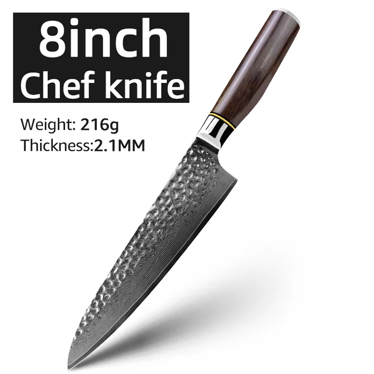 Real Damascus Steel Chef Knife with Golden Ring Rosewood Handle