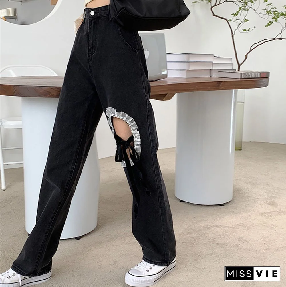 Chic Lace Up Wide Leg Denim Pants