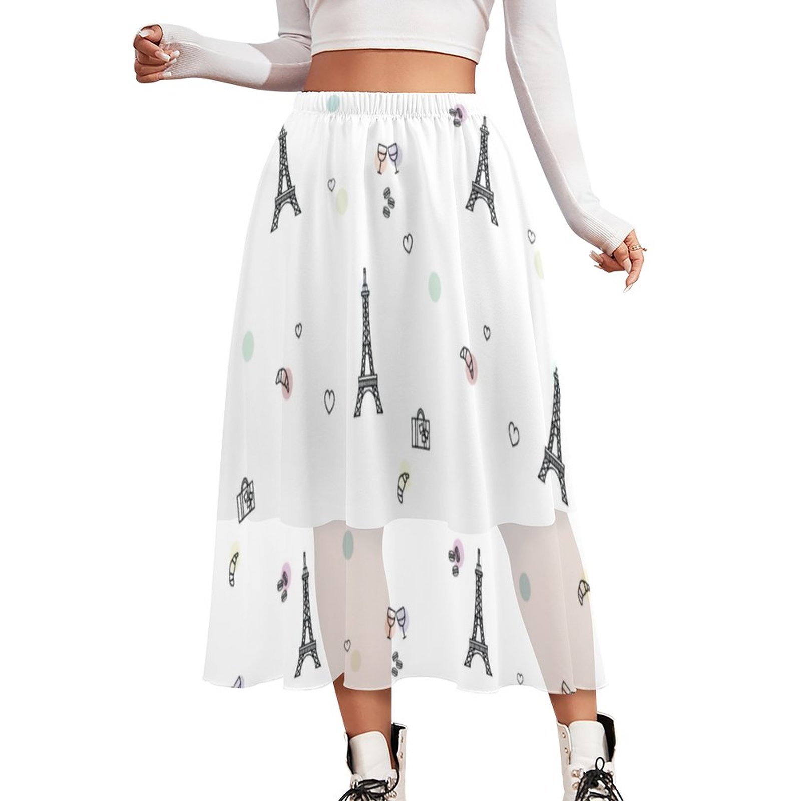 White Paris France Eiffel Tower Double-Layered High Waist Midi Chiffon Skirt