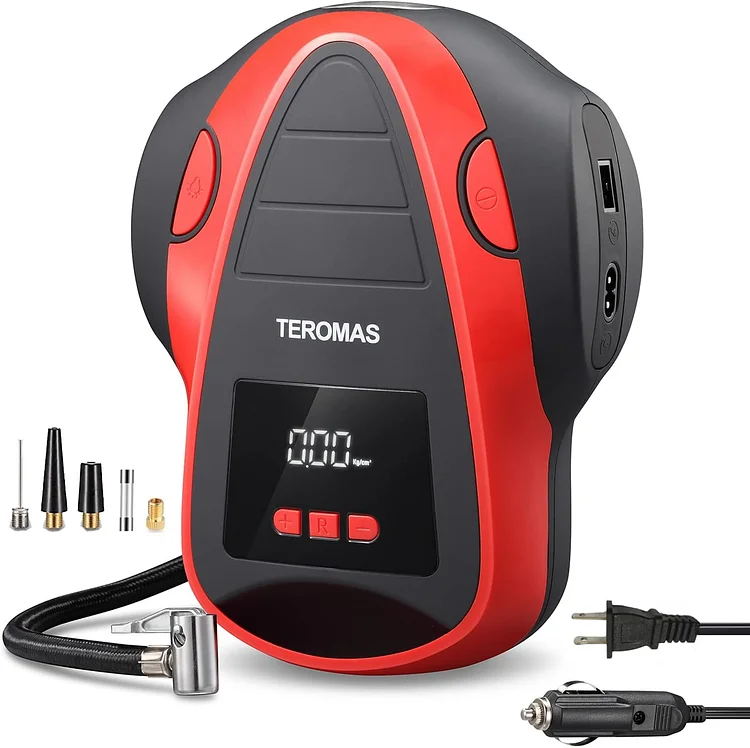 TEROMAS Tire Inflator Air Compressor, Portable DC/AC Air Pump for Car Tires 12V DC and Other Inflatables at Home 110V AC, Digital Electric Tire Pump with Pressure Gauge (Red)
