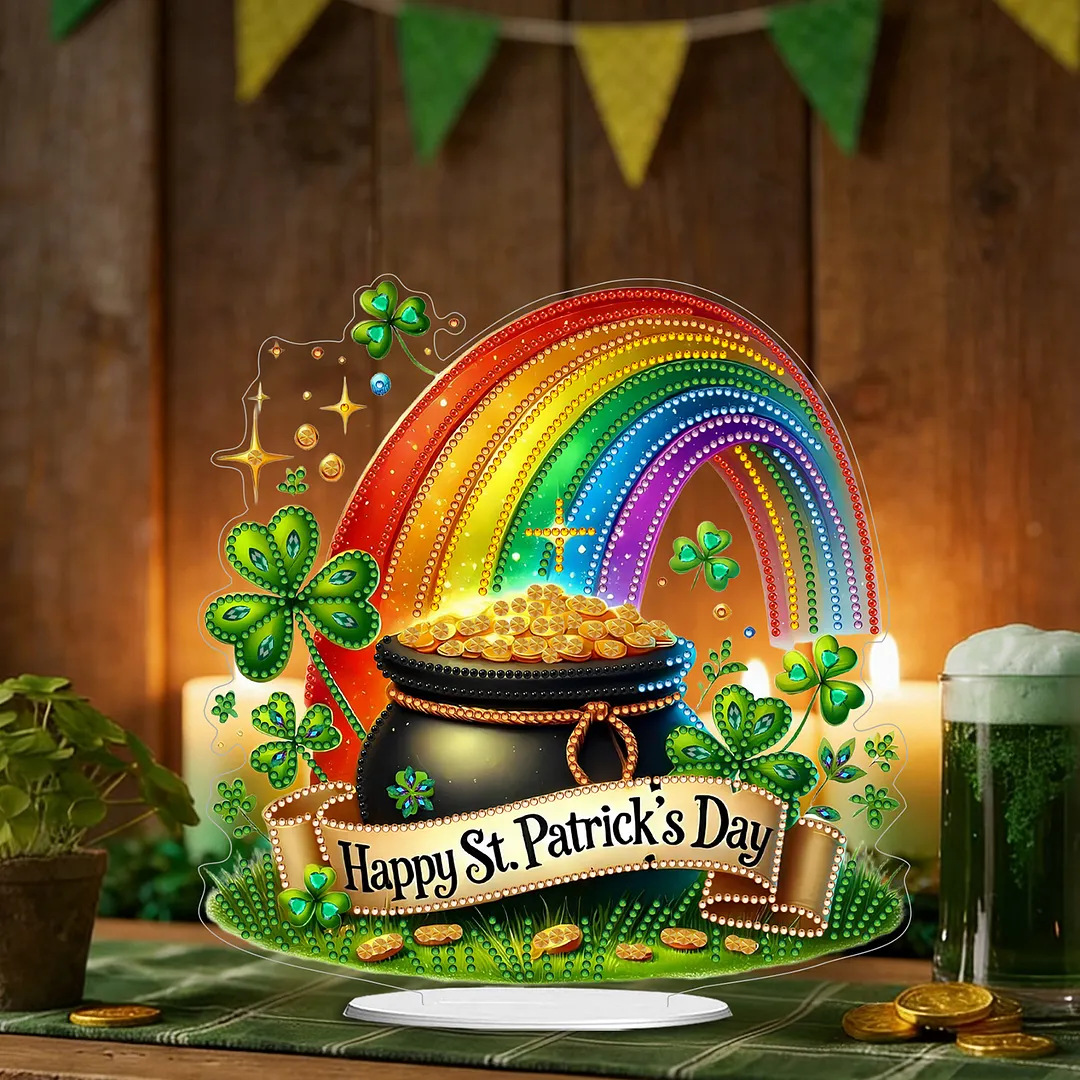 2D Flat DIY Happy St Patricks Day Diamond Painting Tabletop Ornaments Kit Special Shape Crystal Art Craft Decoration Single Side Drill for Living Room Home Office