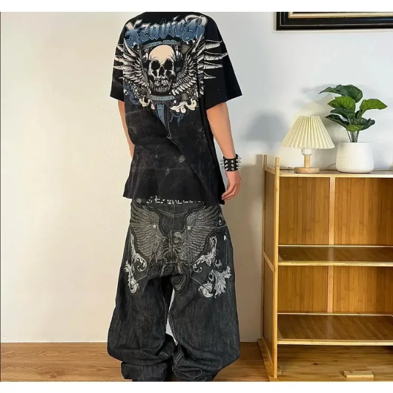 Aonga Gothic spoof devil pattern printed high-waist jeans men winter Y2K American rock roll street hip-hop basketball baggy sweatpants aonga