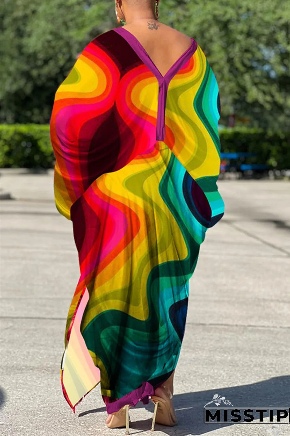 Red Gray Casual Print Patchwork V Neck Irregular Dress Plus Size Dresses