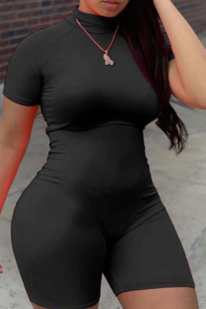 Fashion Casual Solid Split Joint Basic Turtleneck Skinny Romper
