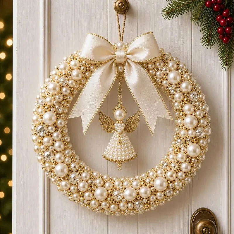 Finished Angel Blessings pearl wreath hanging on a door