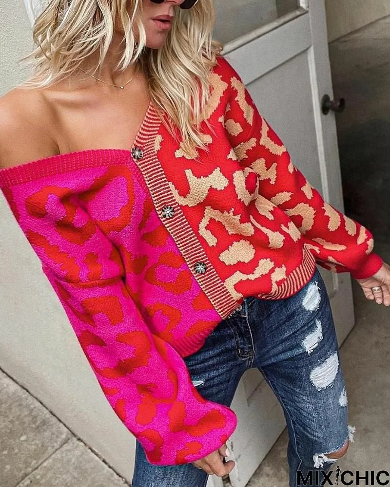 Cheetah Pattern Print Color Block Button Decor Cardigan