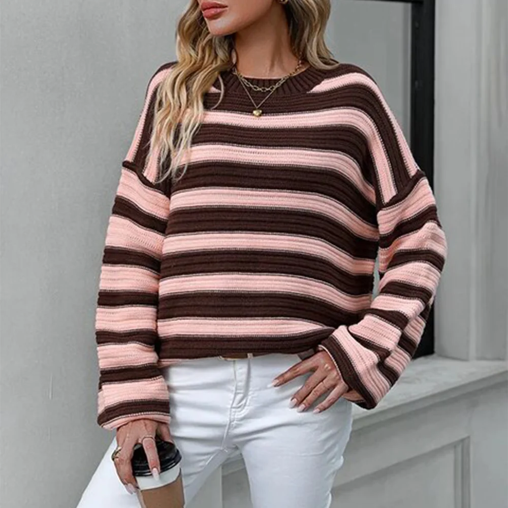 Smiledeer New autumn and winter women's striped knitted round neck pullover sweater