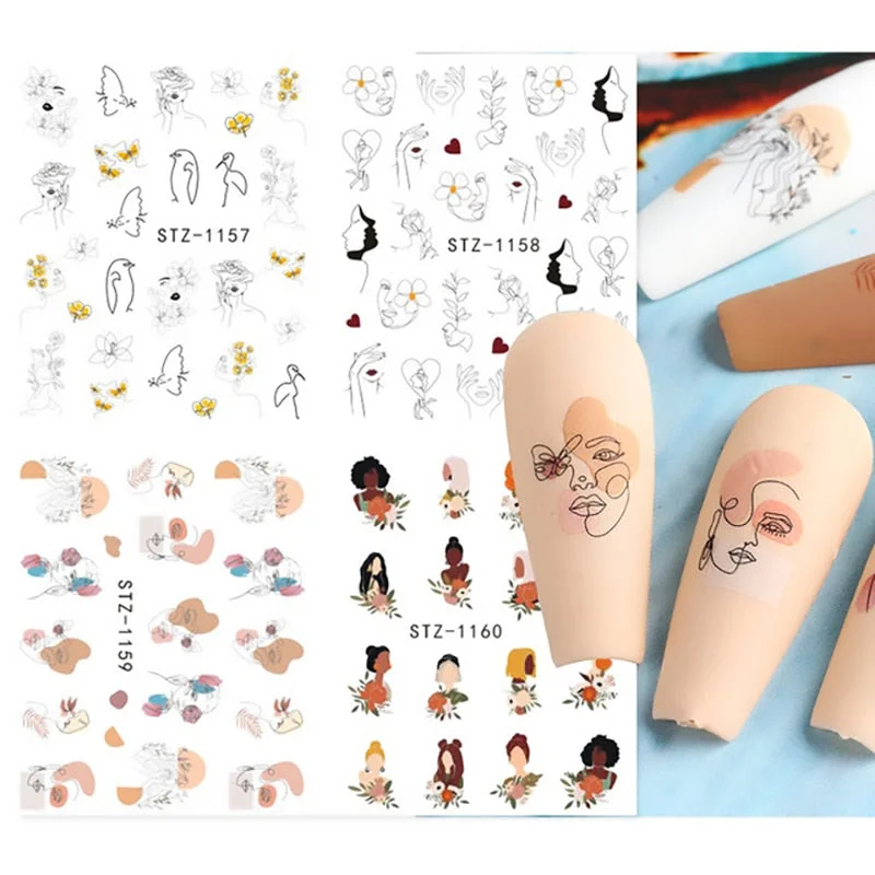 Nail Stickers Water Transfer Summer Dried Flowers Lady Designs 4Pcs/Set Nail Decal Decoration Tips For Beauty Salons-Nail Inspo