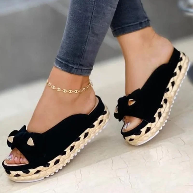 Qengg 2022 Summer women sandals Fashion Casual Ladies Slippers Bowknot Platform Slippers women plus size Woven Belt Sandals