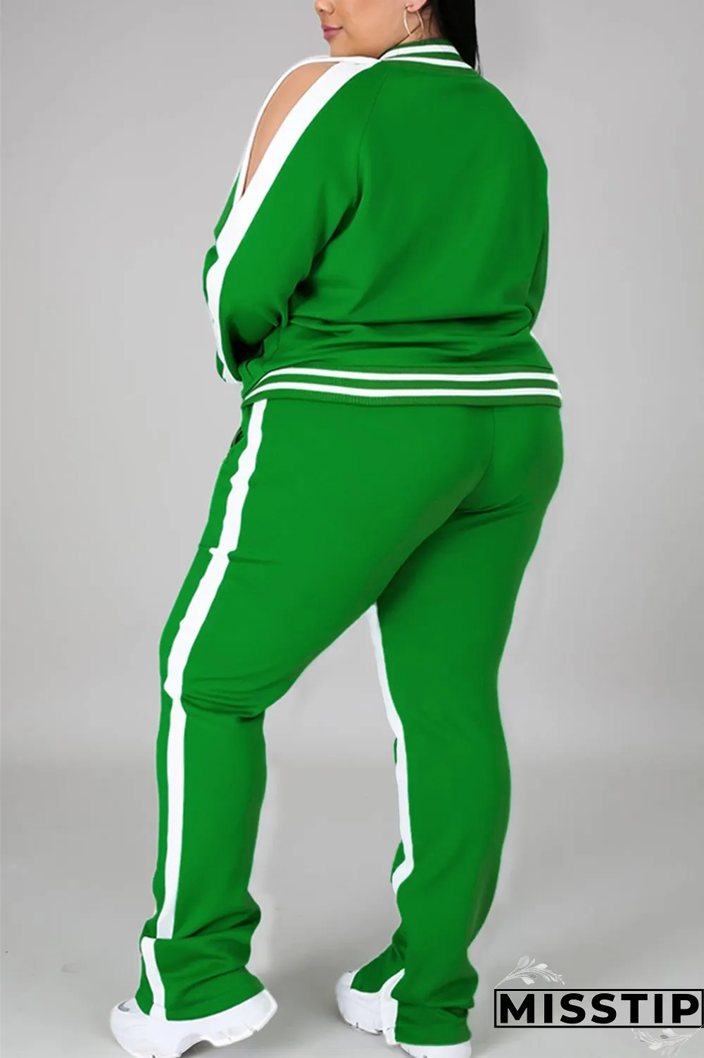 Black Fashion Casual Sportswear Zipper Collar Long Sleeve Regular Sleeve Patchwork Plus Size Set