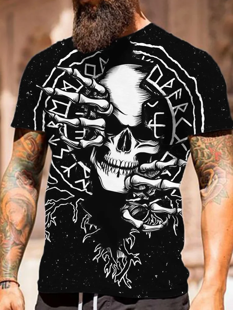 BrosWear Men's Vikng Vegvisir Skull Round Neck Casual T Shirt