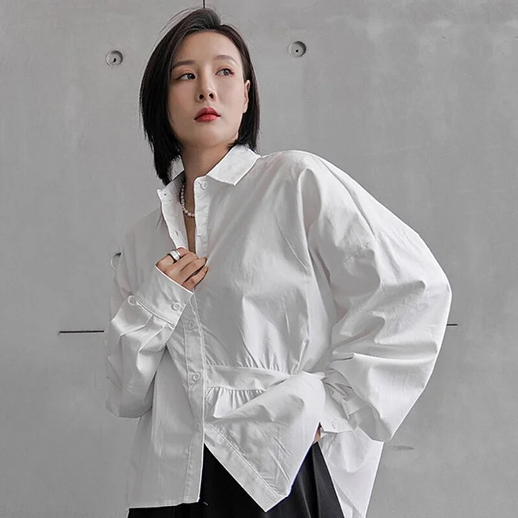 Stylish Loose Solid Color Lapel Single-breasted Asymmetrical Folds Patchwork Long Sleeve Shirt  