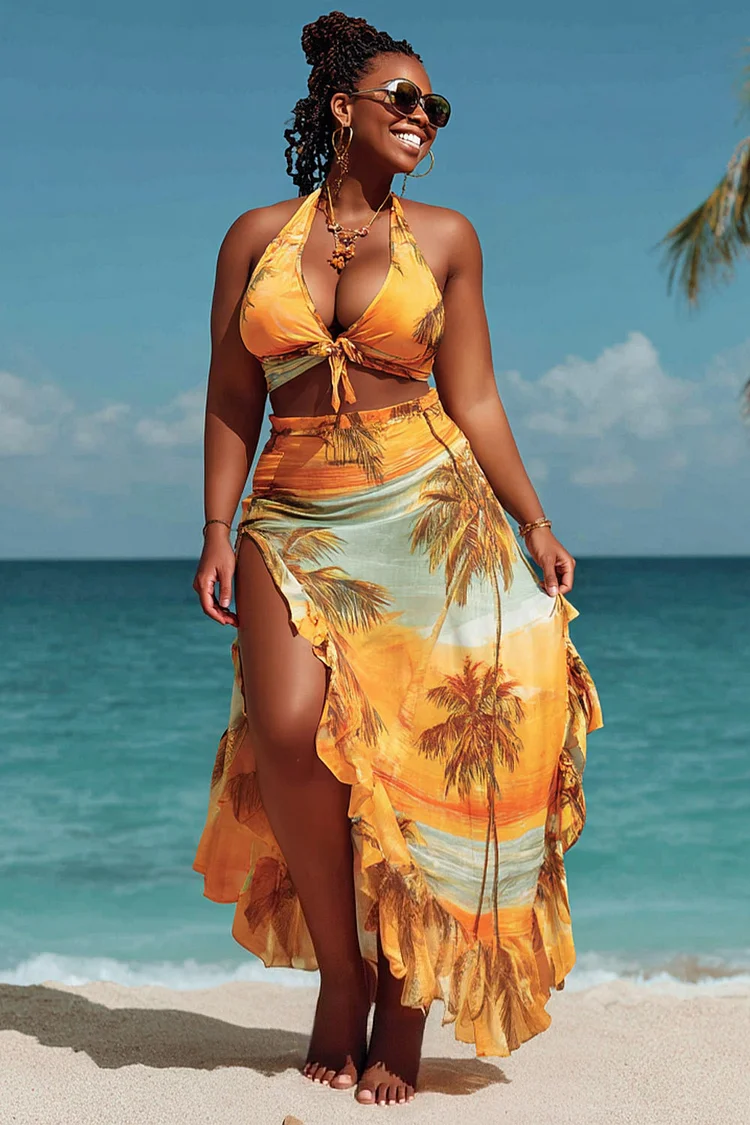 Xpluswear Design Plus Size Beach Yellow Tropical Print Split Ruffle Swimsuit Fabric Three Pieces Swimsuit Cover Ups Set 2024 - Xpluswear