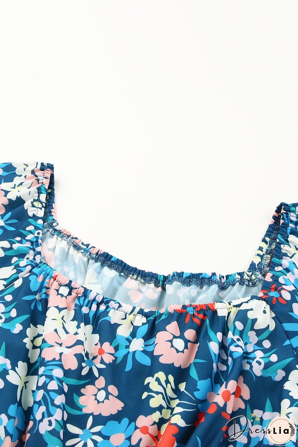 Blue Floral Ruffle Mini Dress with Square Neck