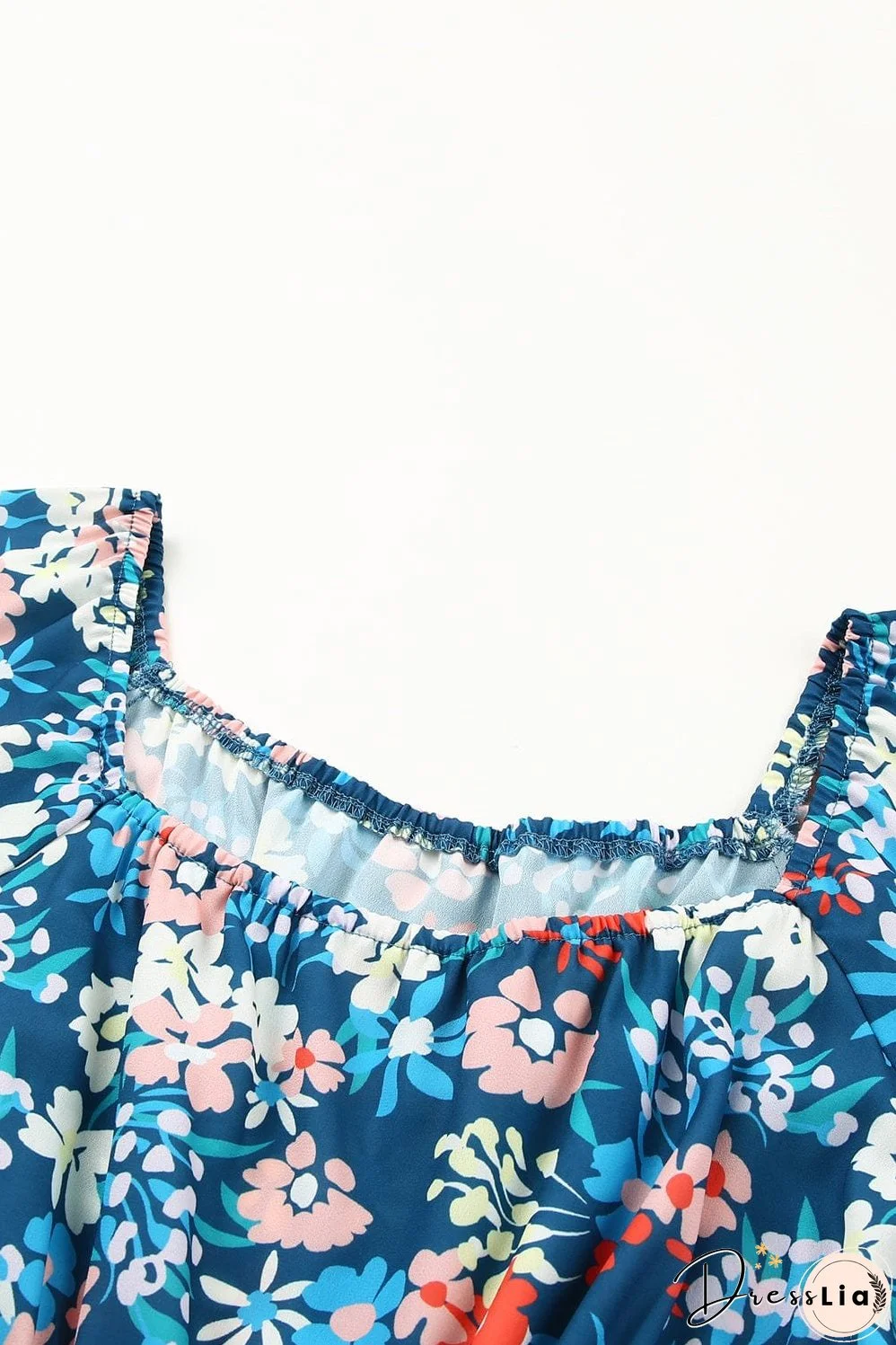 Blue Floral Ruffle Mini Dress with Square Neck