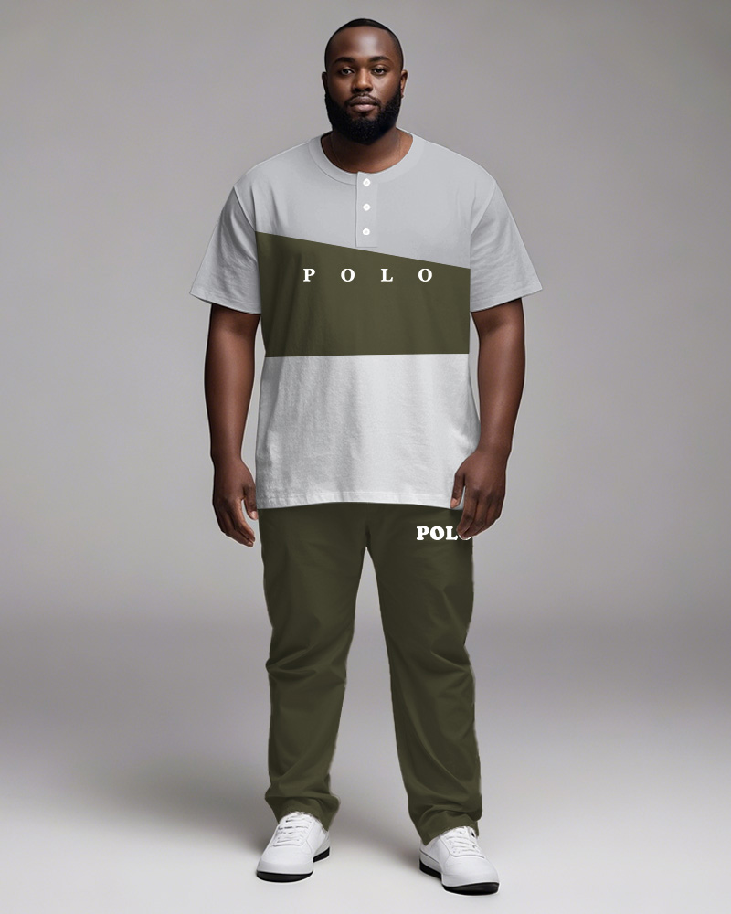 Men's Plus Size Green White Gray Color Block Letter Print Henry Collar T-shirt Trousers Suit