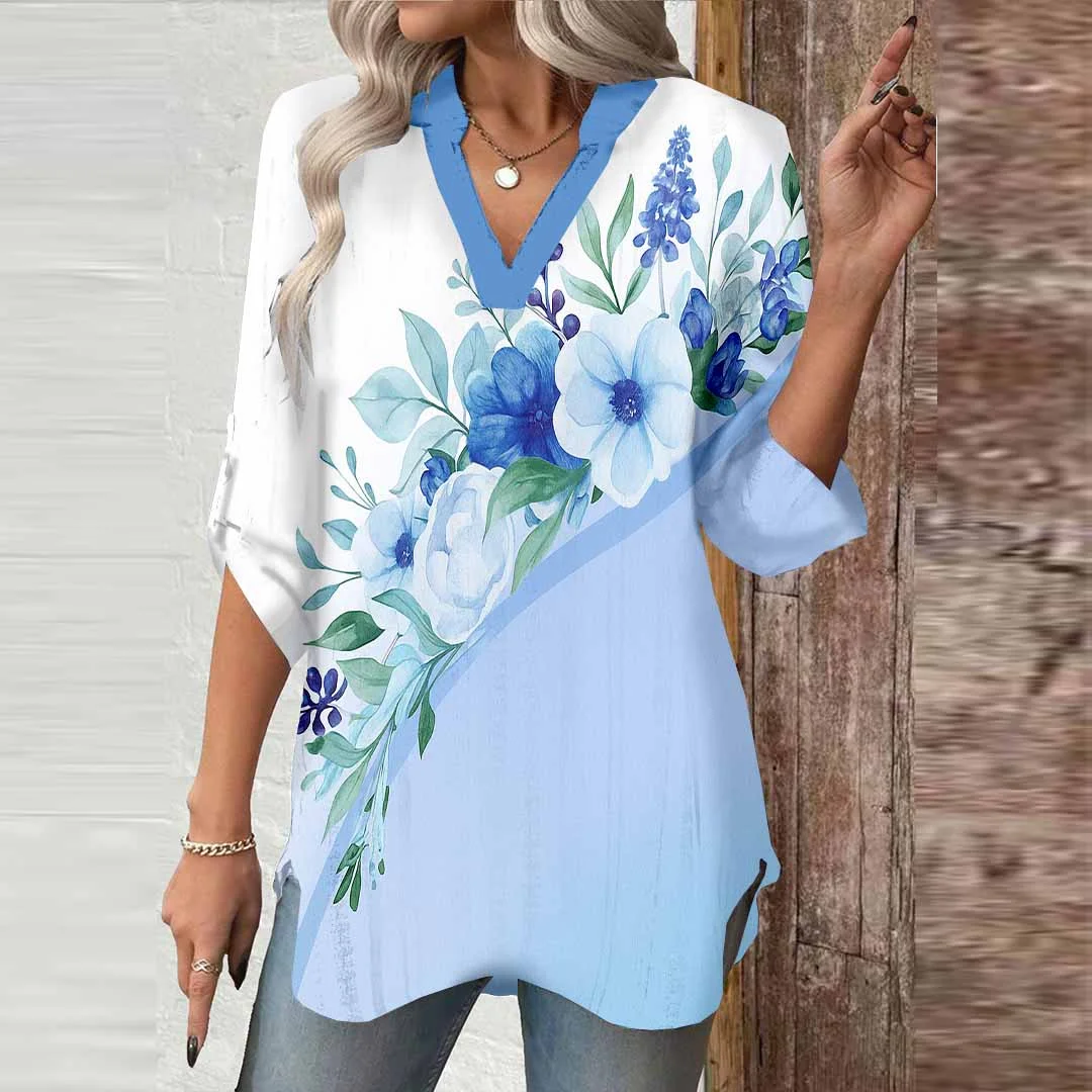 Women Floral, Blue, White DZGA0713 3/4 Sleeve V-neck Printed Graphic Button Tops