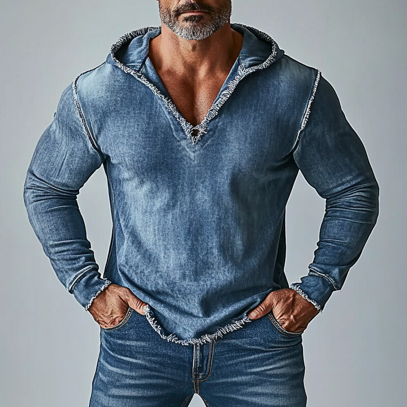 Men's Casual Raw Edge Long Sleeve Denim Hoodie